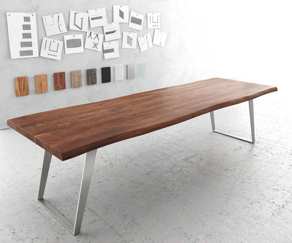Dining Table Olympus Live Edge 300cm Acacia Wood Brown Slanted Frame Steel 55mm Top