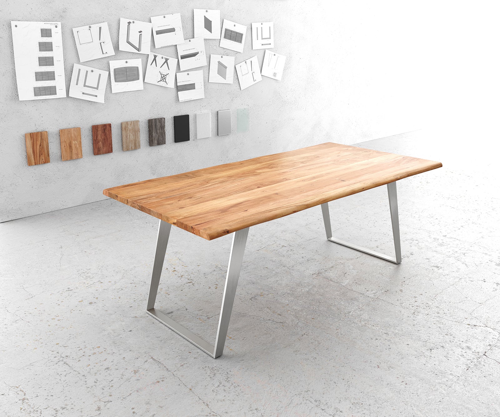 Dining Table Olympus Live Edge Acacia Wood Natural Slanted Frame Steel 140-300cm