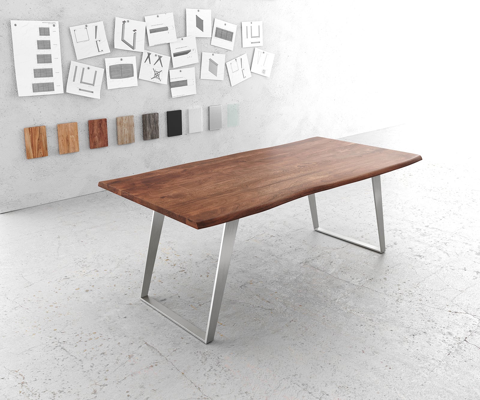 Dining Table Olympus Live Edge 200cm Acacia Wood Brown Slanted Frame Steel 35mm Top