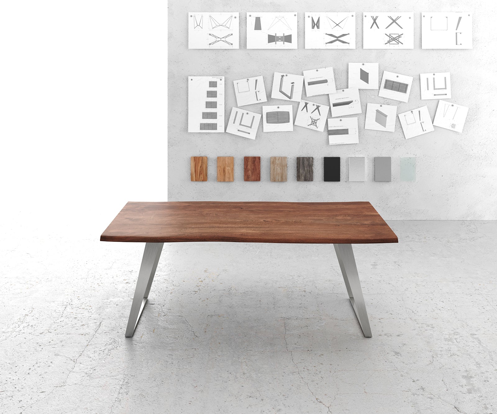Dining Table Olympus Live Edge 200cm Acacia Wood Brown Slanted Frame Steel 35mm Top
