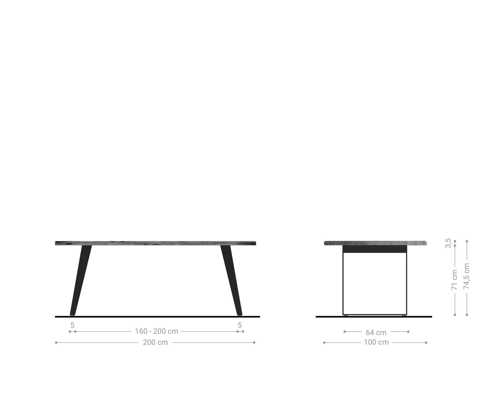 Dining Table Olympus Live Edge 200cm Acacia Wood Brown Slanted Frame Steel 35mm Top