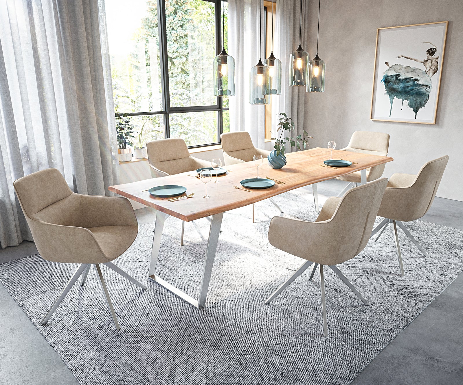 Dining Table Olympus Live Edge Acacia Wood Natural Slanted Frame Steel 140-300cm