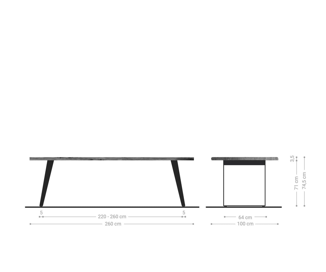 Dining Table Olympus Live Edge 260cm Acacia Wood Natural Slanted Frame Steel 35mm Top