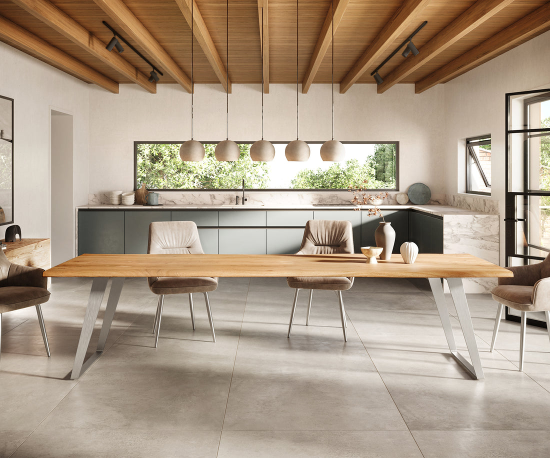 Dining Table Olympus Live Edge 300cm Acacia Wood Natural Slanted Frame Steel 35mm Top