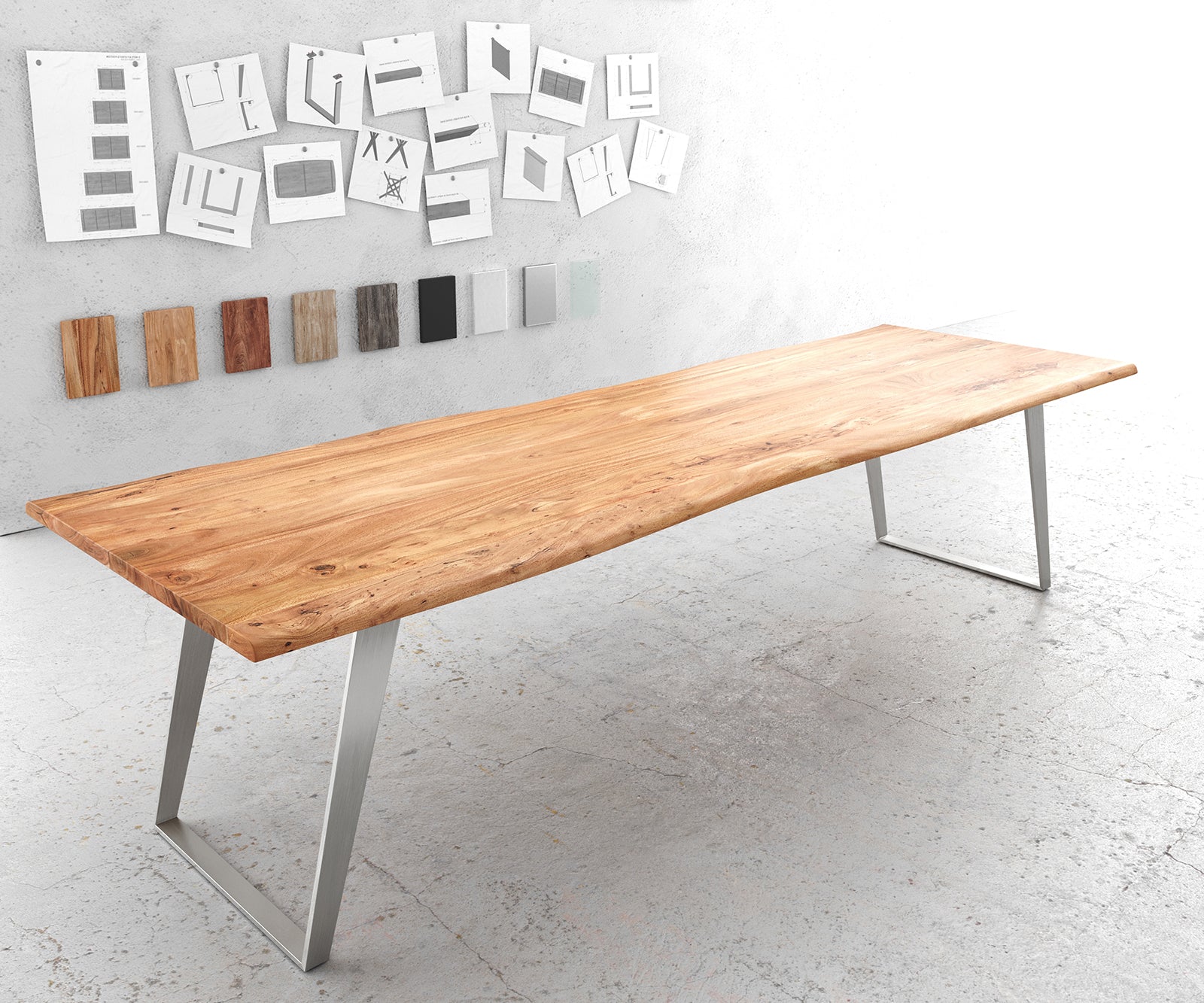 Dining Table Olympus Live Edge Acacia Wood Natural Slanted Frame Steel 140-300cm