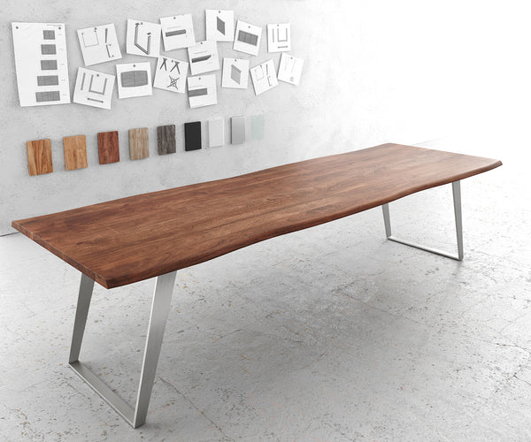 Dining Table Olympus Live Edge 300cm Acacia Wood Brown Slanted Frame Steel 35mm Top
