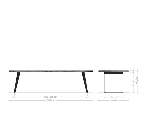 Dining Table Olympus Live Edge 300cm Acacia Wood Brown Slanted Frame Steel 35mm Top