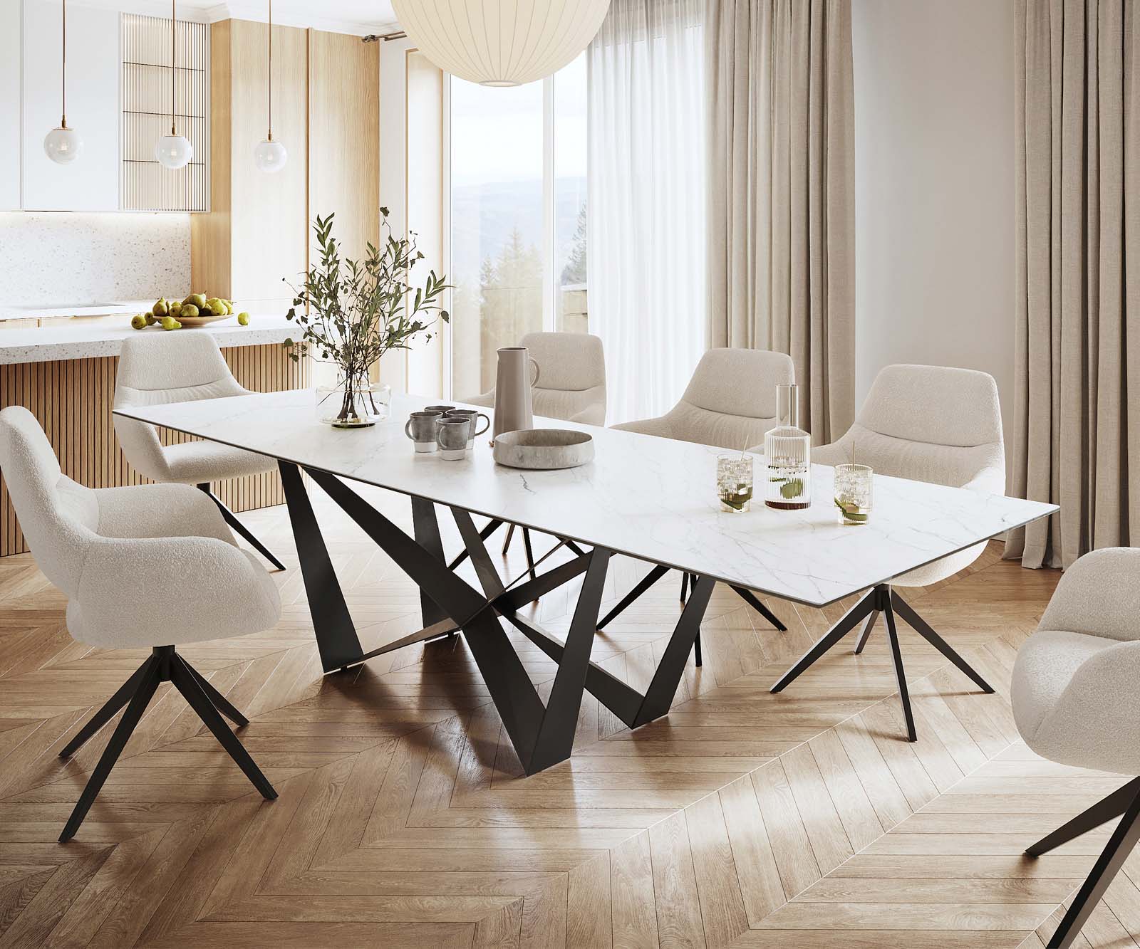Dining Table Aurora 300cm Ceramic White Spider Frame Black