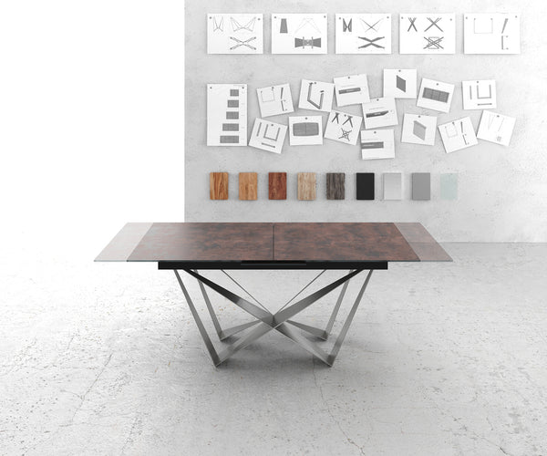 Dining Table Aurora 180-220x90cm Glass Brown Spider Frame Silver