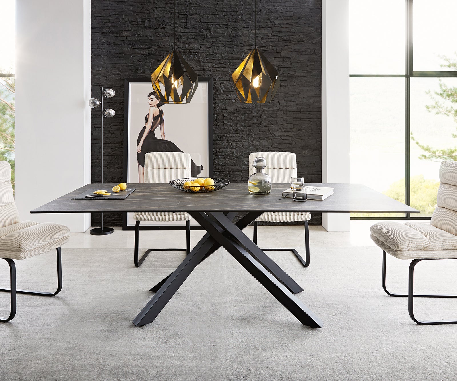 Dining Table Aurora Ceramic Brown Cross Frame Black 200-300cm