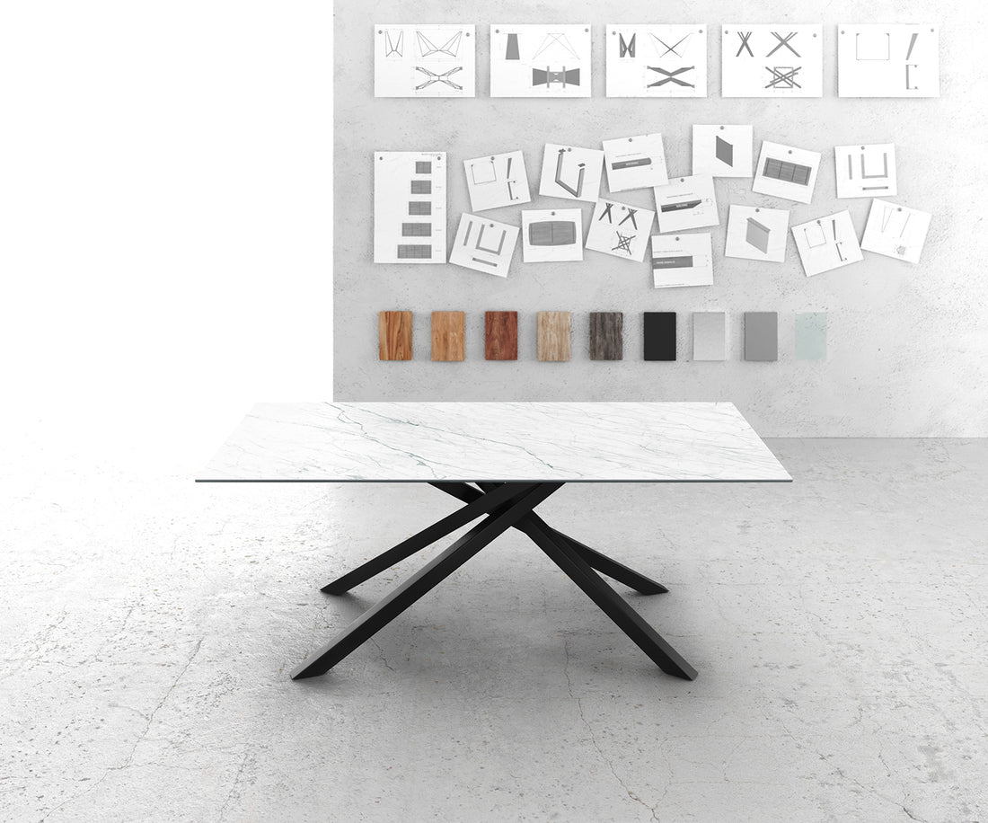 Dining Table Aurora 200cm Ceramic Statuarietto White Cross Frame Black