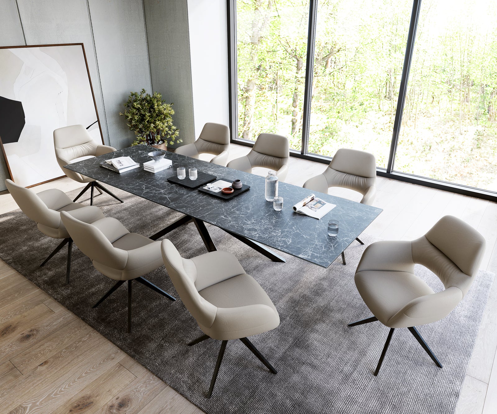 Dining Table Aurora 300cm Ceramic Nero Greco Anthracite Cross Frame Black