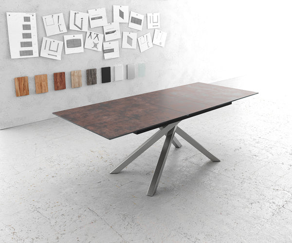 Dining Table Aurora 180-220x90cm Glass Brown Cross Frame Silver
