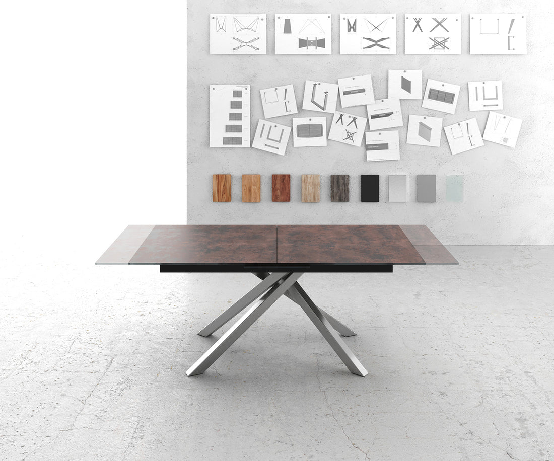 Extendable Dining Table Aurora 180-220x90cm Glass Brown Cross Frame Silver