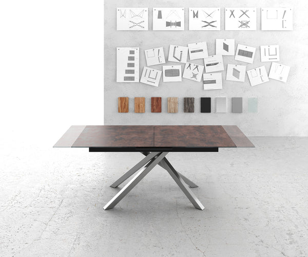 Dining Table Aurora 180-220x90cm Glass Brown Cross Frame Silver