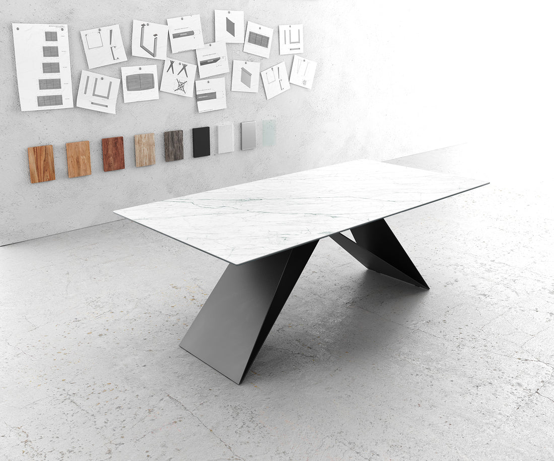 Dining Table Aurora 200cm Ceramic Statuarietto White V-Frame Black