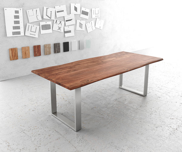 Dining Table Olympus Live Edge Acacia Wood Brown Square Frame Slim Steel 140-300cm