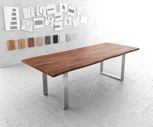 Dining Table Olympus Live Edge Acacia Wood Brown Square Frame Slim Steel 140-300cm