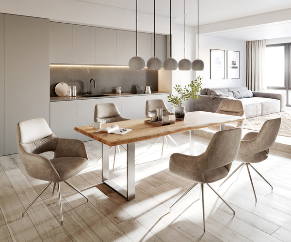 Dining Table Olympus Live Edge 240cm Acacia Wood Natural Square Frame Slim Steel 35mm Top
