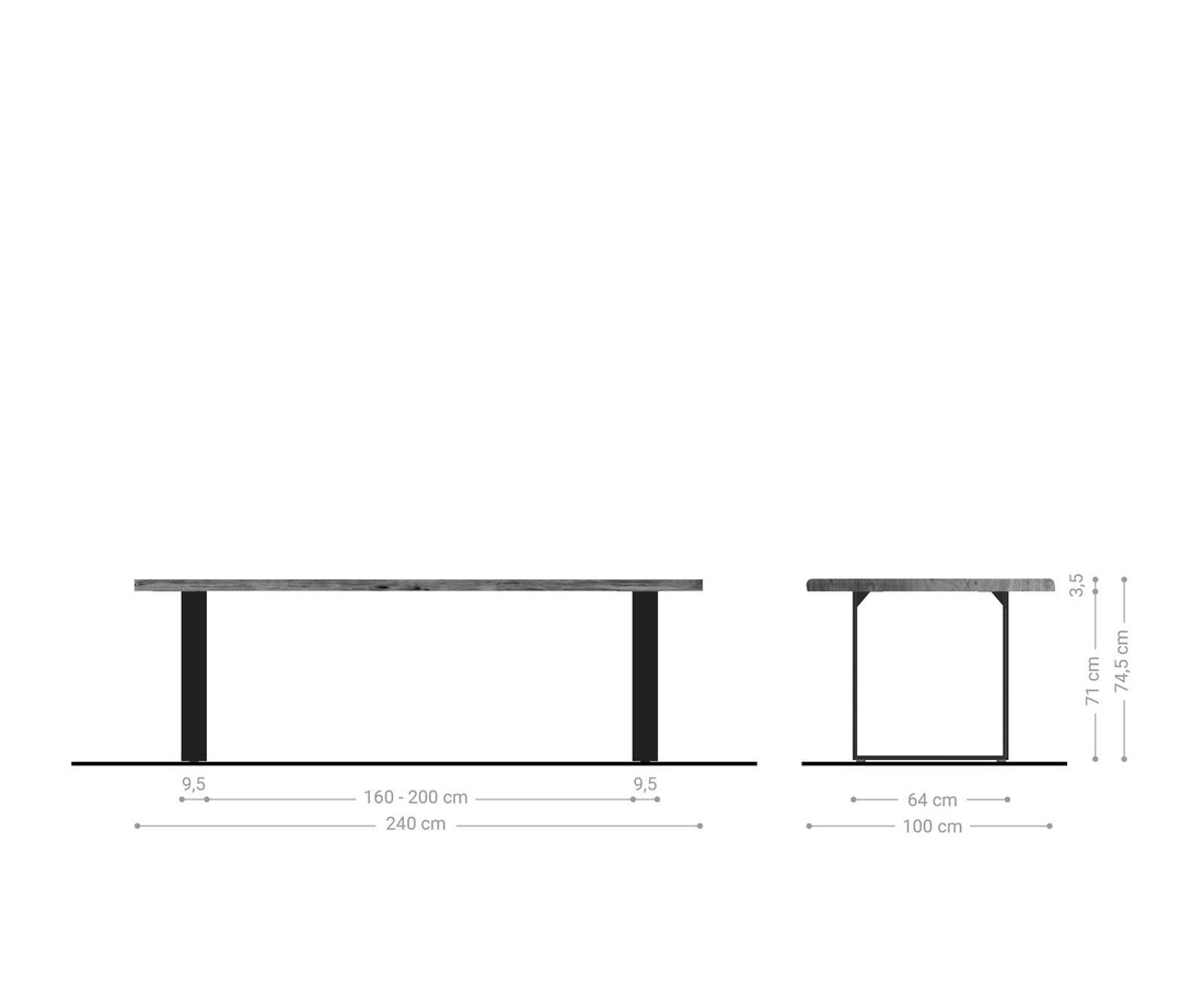 Dining Table Olympus Live Edge 240cm Acacia Wood Natural Square Frame Slim Steel 35mm Top