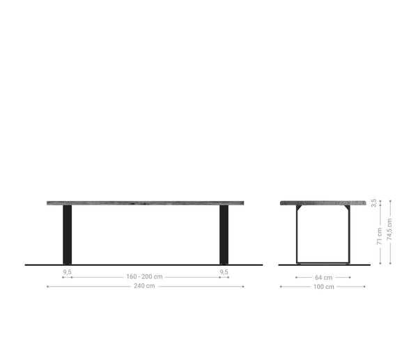 Dining Table Olympus Live Edge 240cm Acacia Wood Natural Square Frame Slim Steel 35mm Top