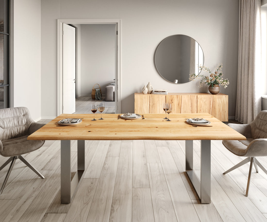 Dining Table Olympus Live Edge 200cm Oak Wood Natural Square Frame Slim Steel 32mm Top