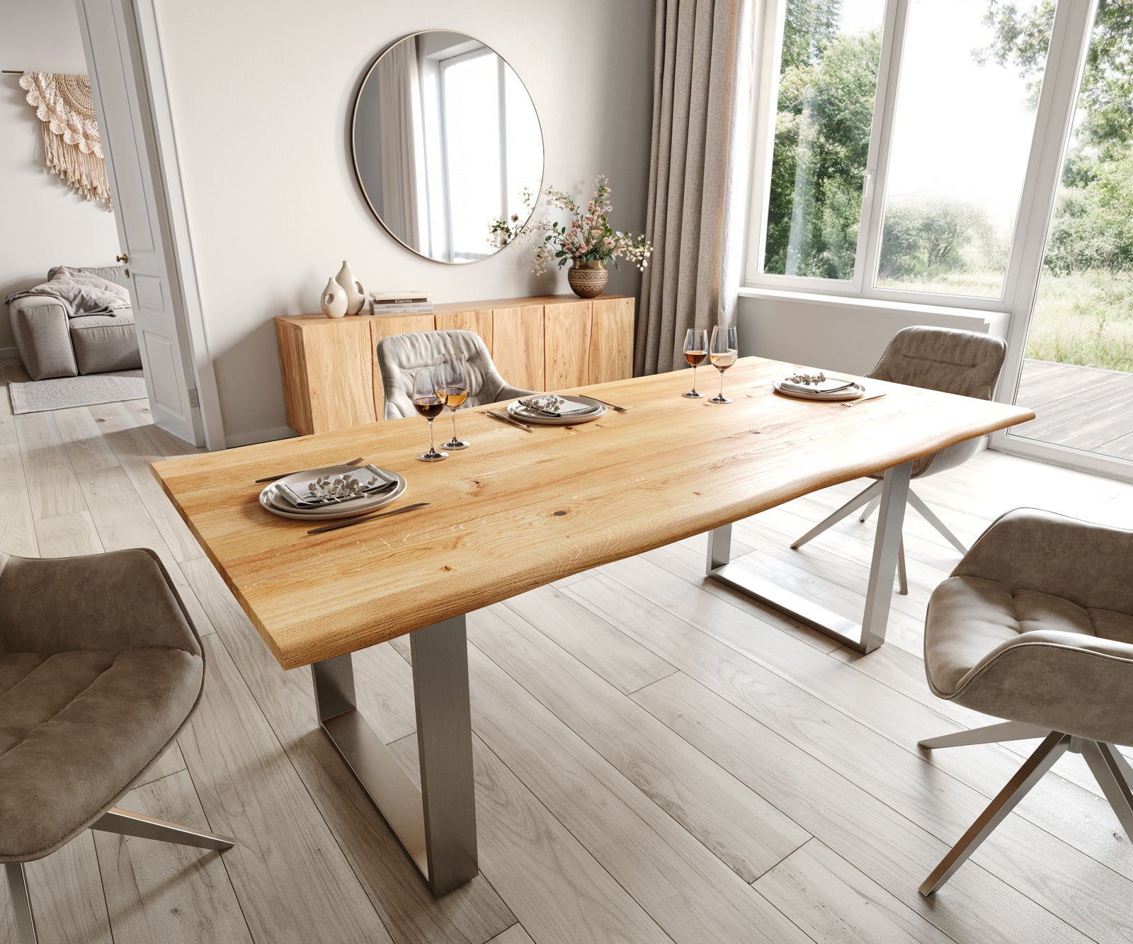 Dining Table Olympus Live Edge 200cm Oak Wood Natural Square Frame Slim Steel 32mm Top
