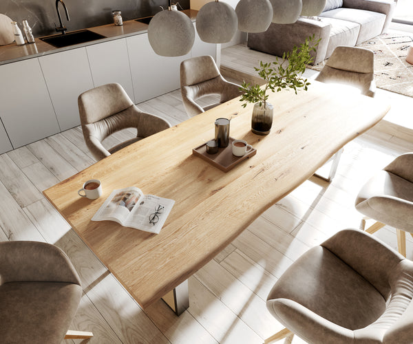 Dining Table Olympus Live Edge Oak Wood Natural Square Frame Slim Steel 160-300cm