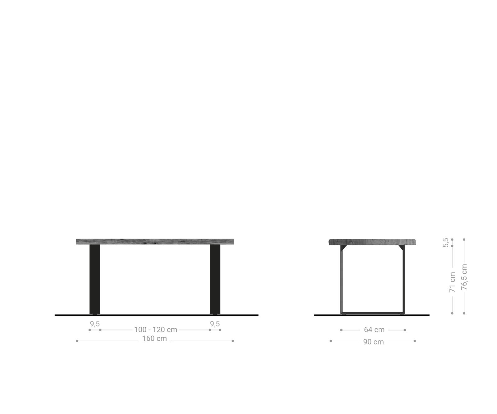 Dining Table Olympus Live Edge 160cm Acacia Wood Natural Square Frame Slim Steel 55mm Top