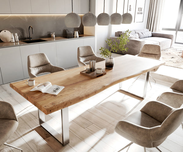 Dining Table Olympus Live Edge Acacia Wood Natural Square Frame Slim Steel 140-300cm