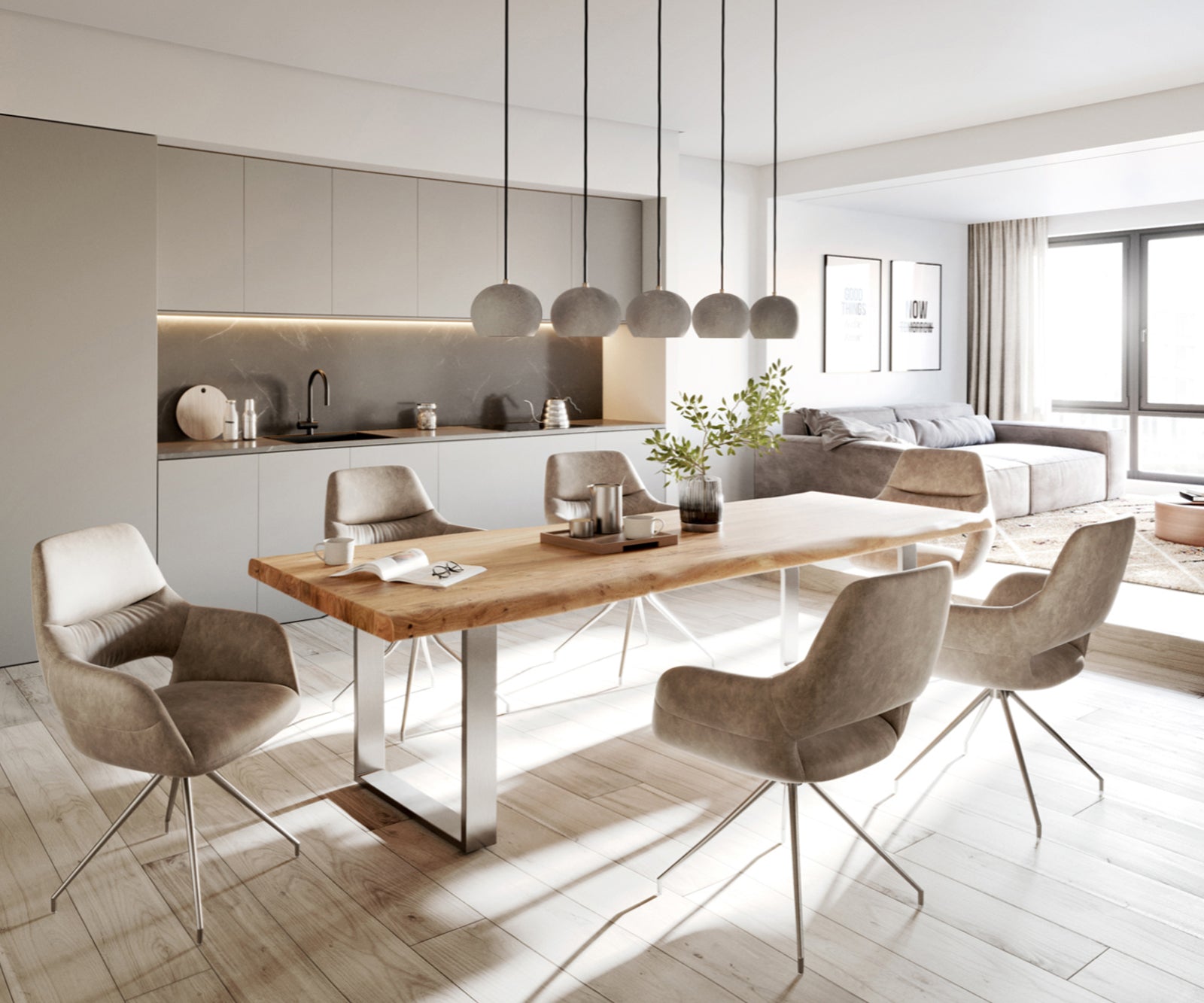 Dining Table Olympus Live Edge Acacia Wood Natural Square Frame Slim Steel 140-300cm