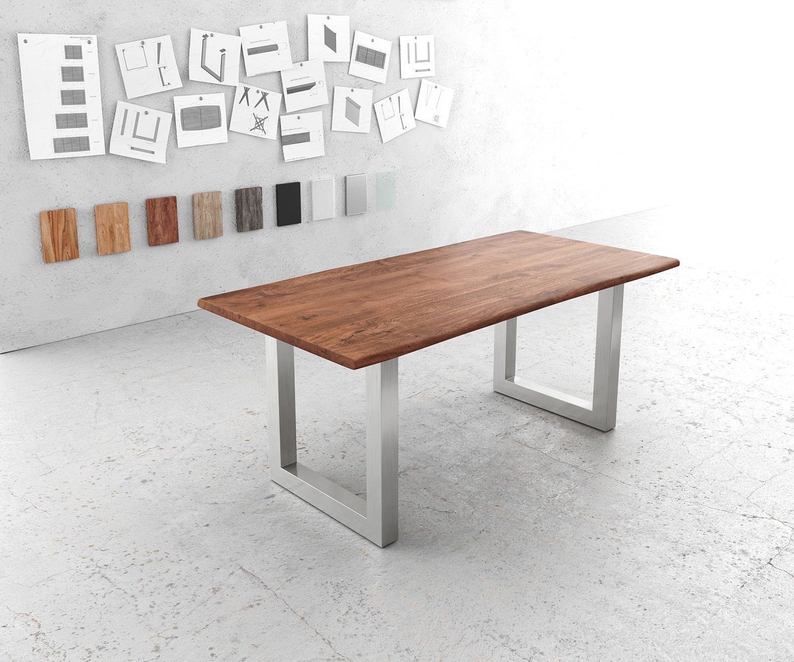 Dining Table Olympus Live Edge Acacia Wood Brown Square Frame Steel 140-300cm