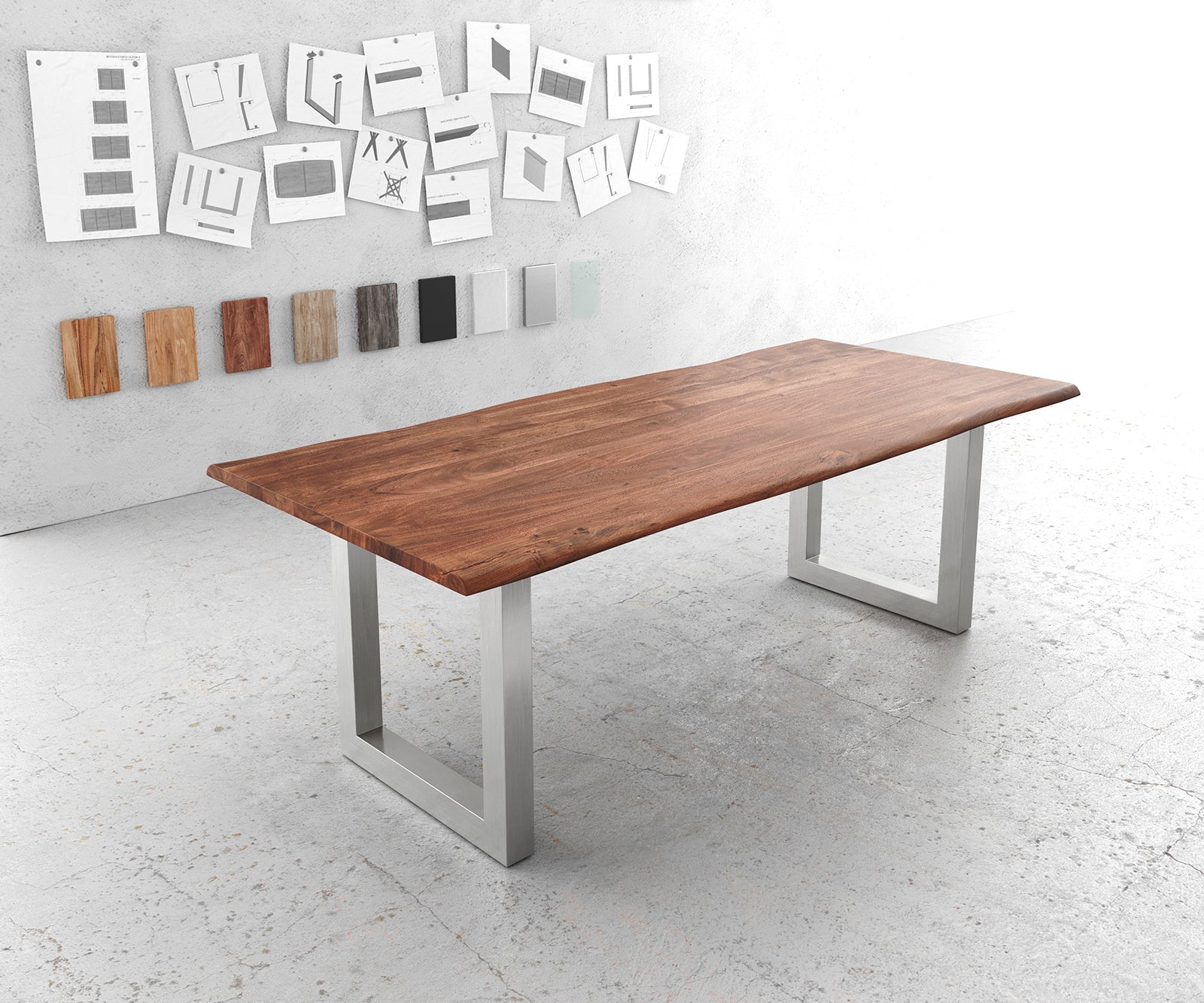 Dining Table Olympus Live Edge Acacia Wood Brown Square Frame Steel 140-300cm