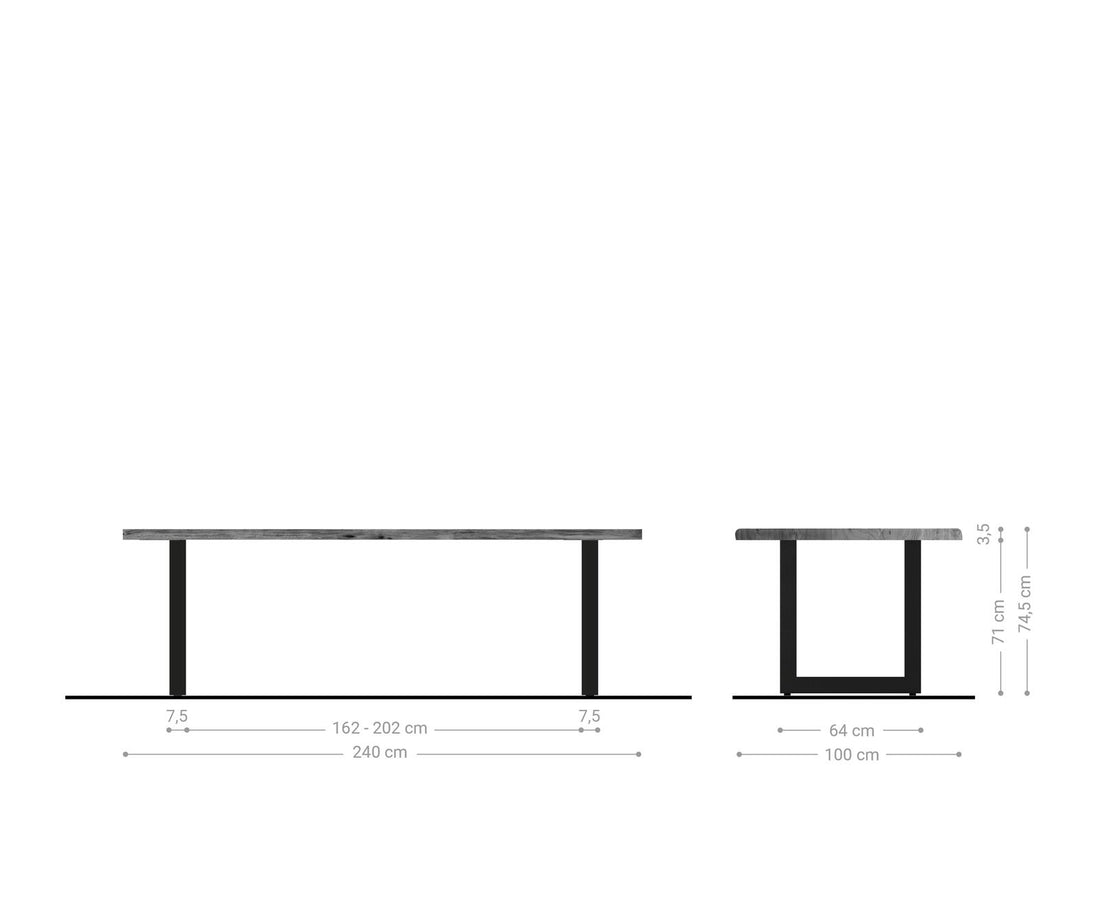 Dining Table Olympus Live Edge 240cm Acacia Wood Natural Square Frame Steel 35mm Top