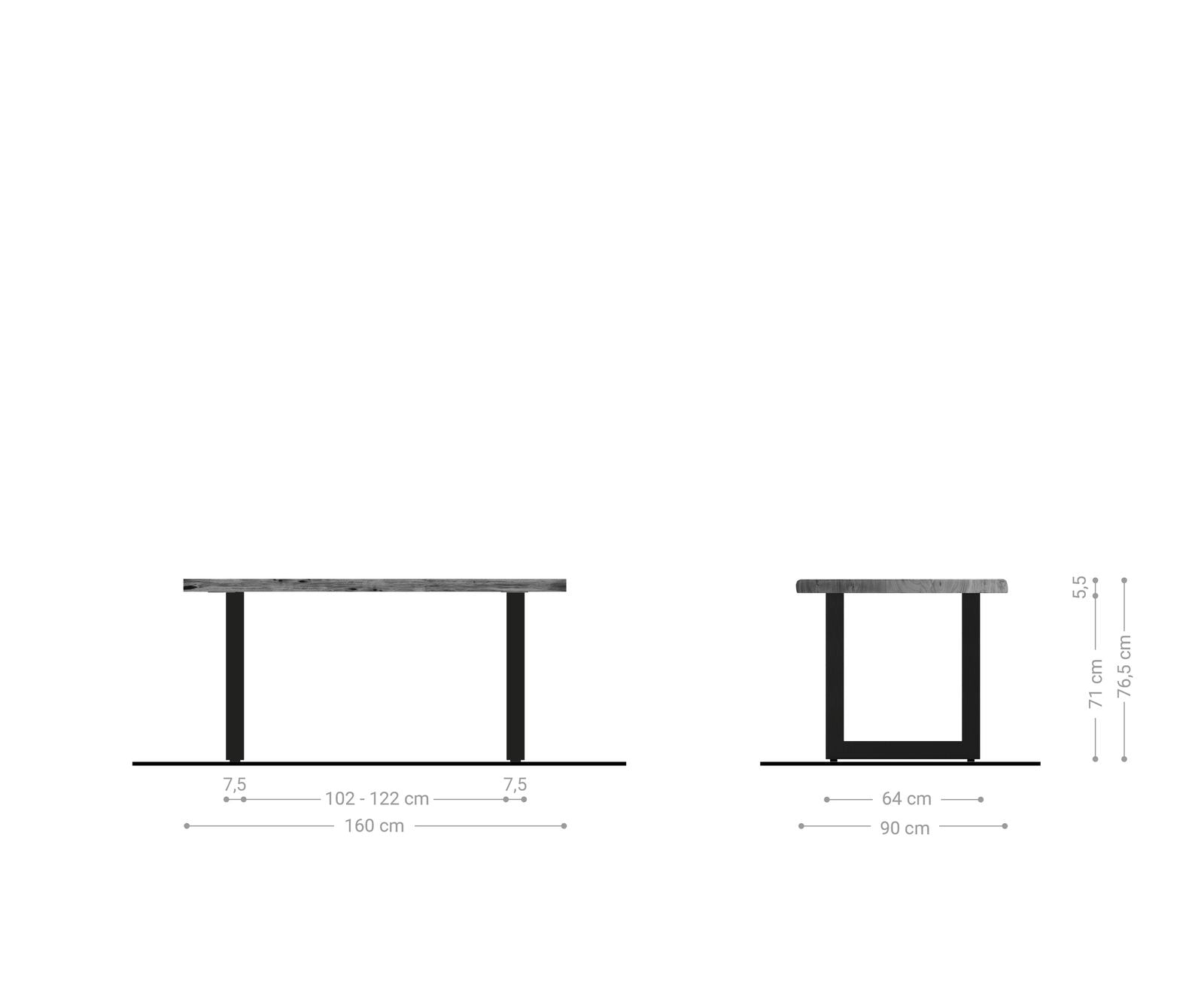 Dining Table Olympus Live Edge 160cm Acacia Wood Natural Square Frame Steel 55mm Top