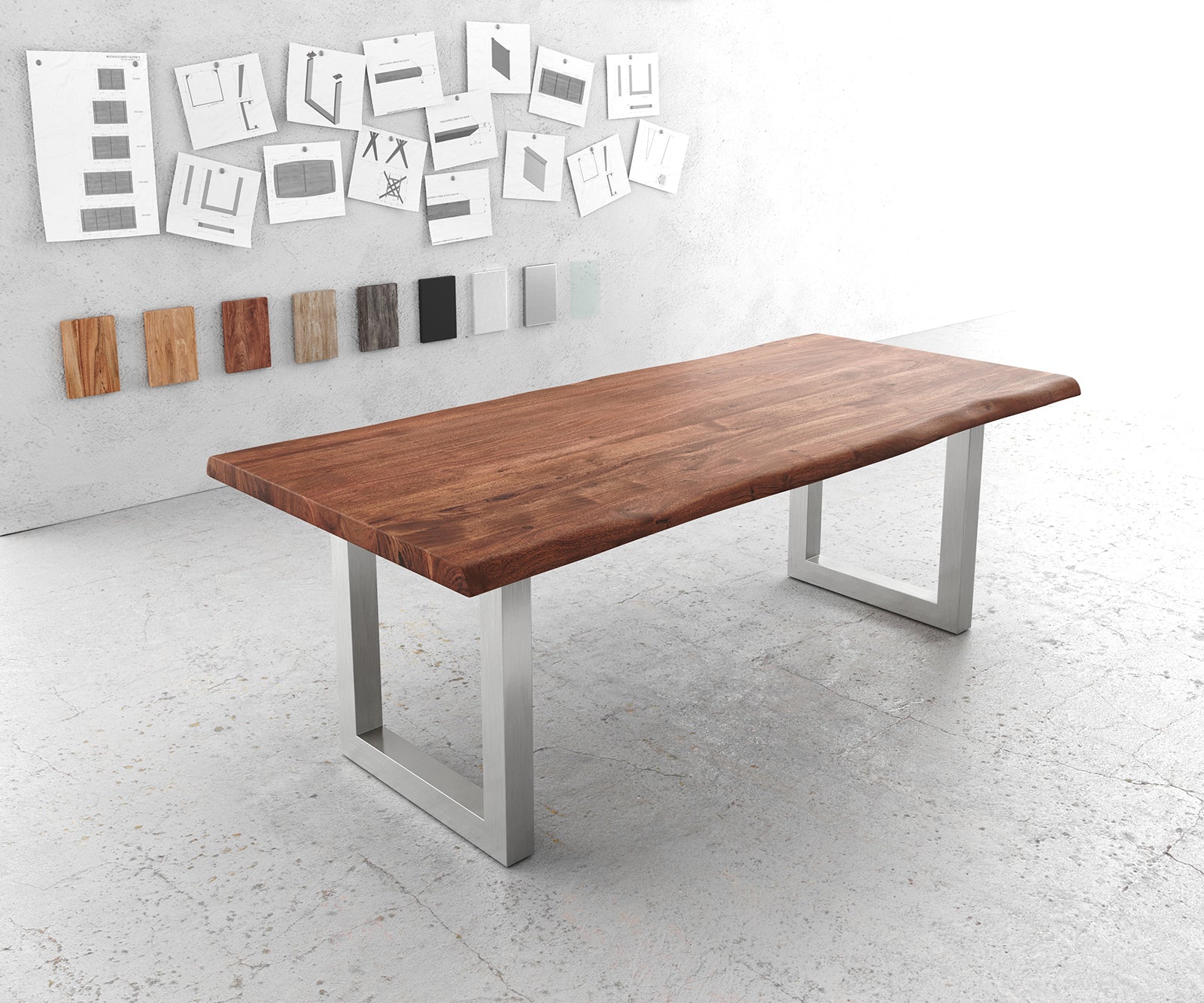 Dining Table Olympus Live Edge Acacia Wood Brown Square Frame Steel 140-300cm