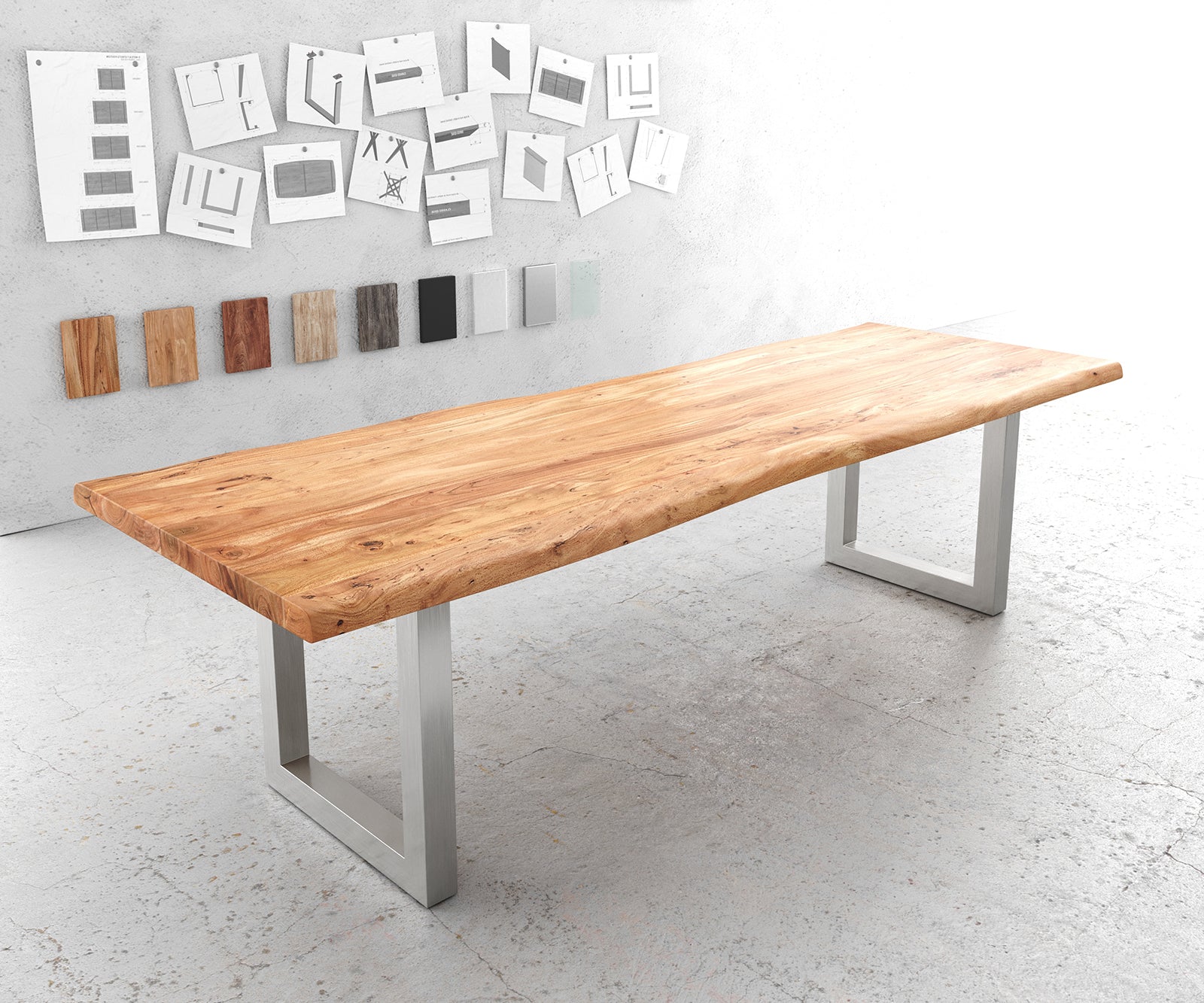 Dining Table Olympus Live Edge Acacia Wood Natural Square Frame Steel 140-300cm