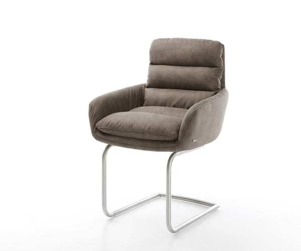 Dining Chair Abelia Microfiber Taupe Vintage Cantilever Round Base Silver