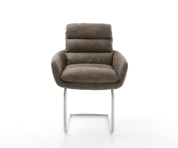 Dining Chair Abelia Microfiber Taupe Vintage Cantilever Round Base Silver