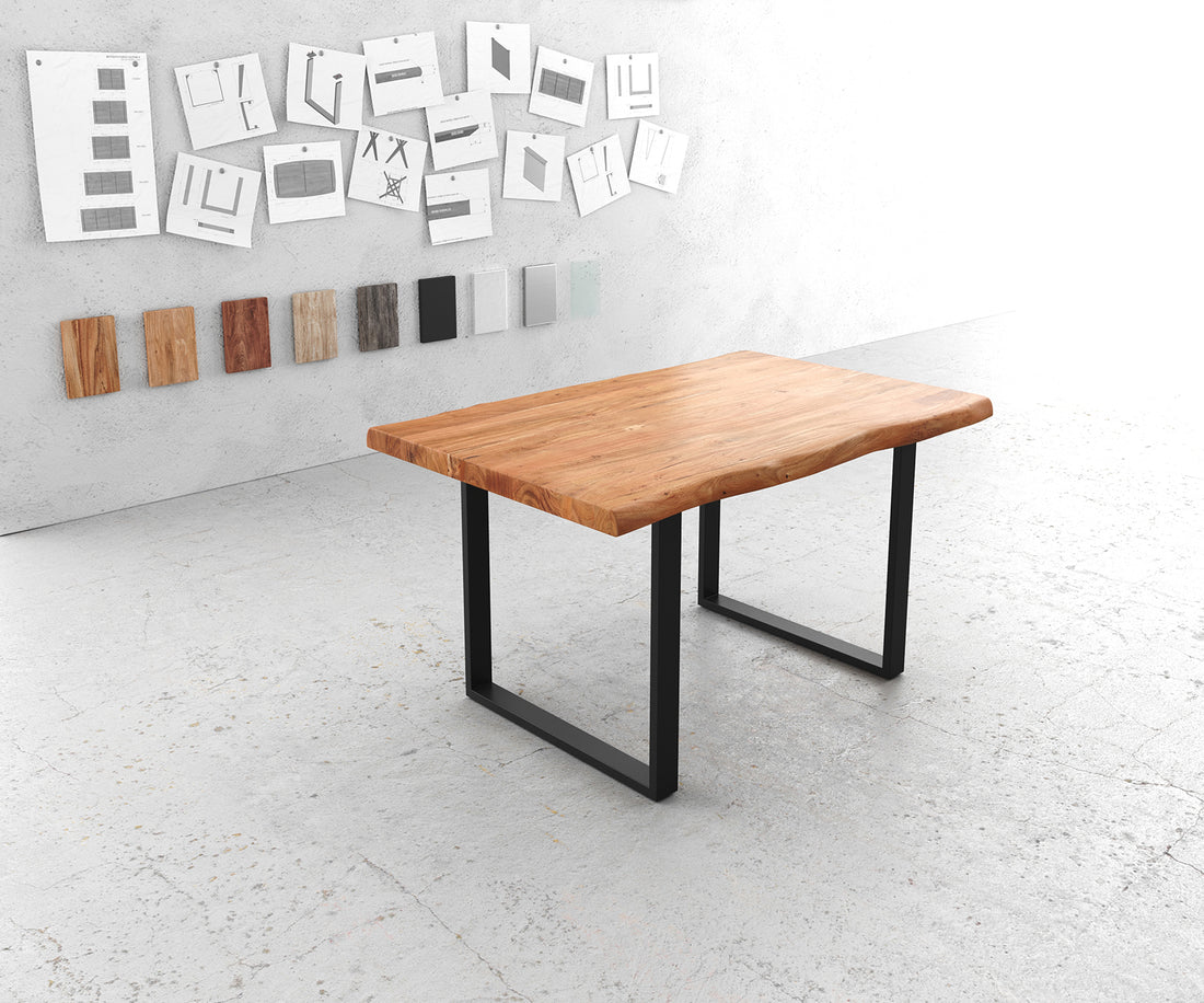 Dining Table Olympus Live Edge 140cm Acacia Wood Natural Square Frame Slim Black 55mm Top