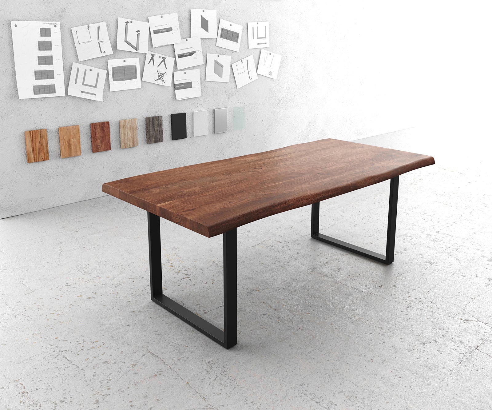 Dining Table Olympus Live Edge 200cm Acacia Wood Brown Square Frame Slim Black 55mm Top