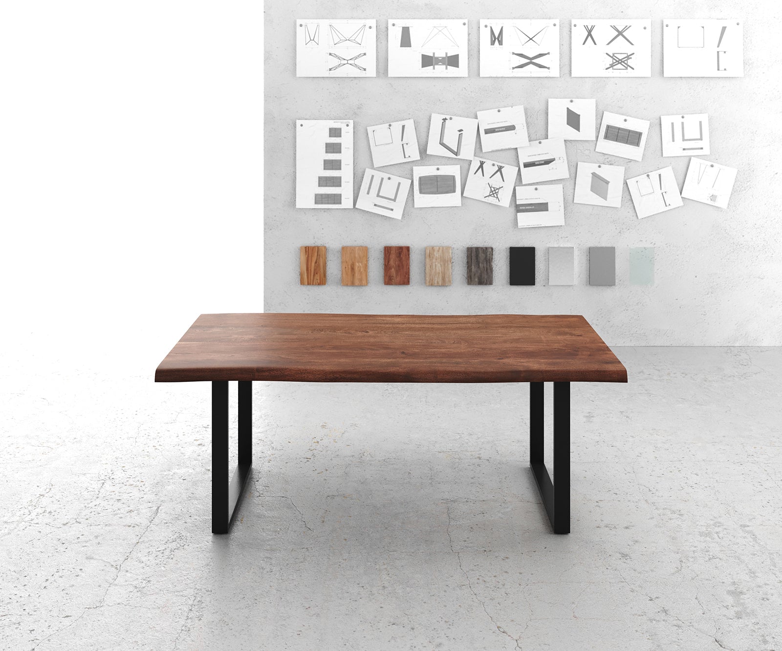 Dining Table Olympus Live Edge 200cm Acacia Wood Brown Square Frame Slim Black 55mm Top