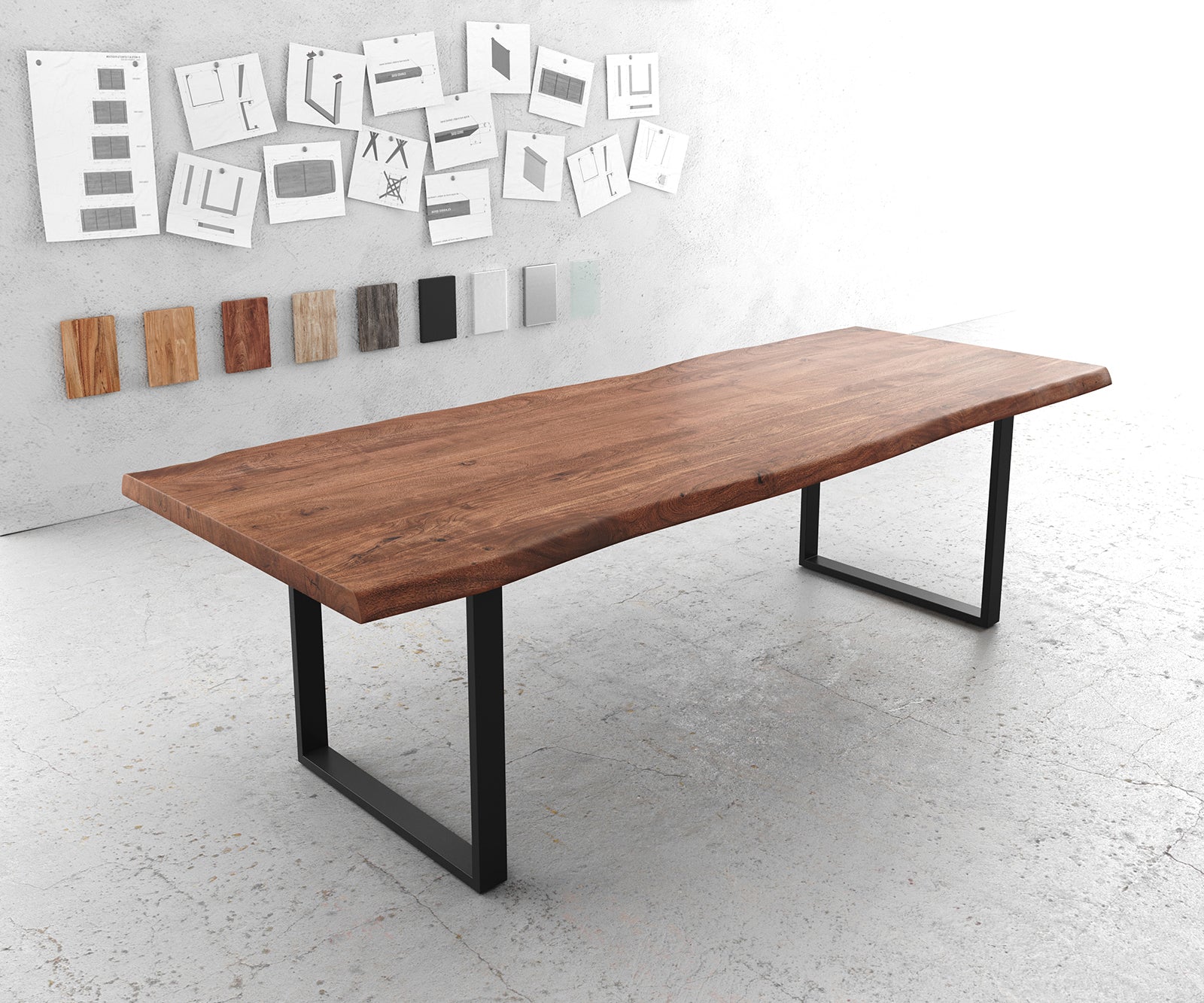 Dining Table Olympus Live Edge 260cm Acacia Wood Brown Square Frame Slim Black 55mm Top
