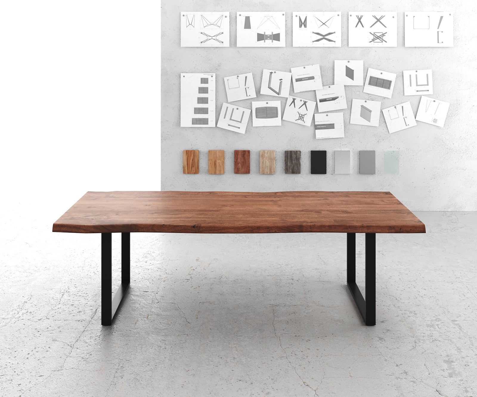 Dining Table Olympus Live Edge 260cm Acacia Wood Brown Square Frame Slim Black 55mm Top