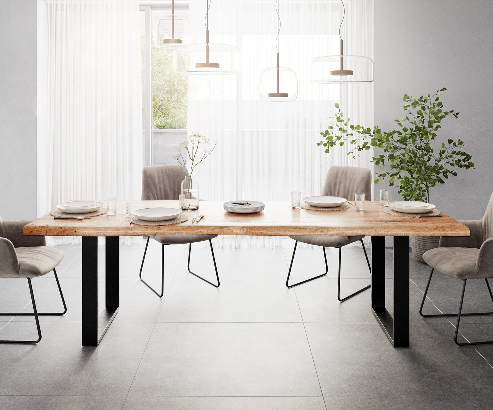 Dining Table Olympus Live Edge 260cm Acacia Wood Natural Square Frame Slim Black 55mm Top