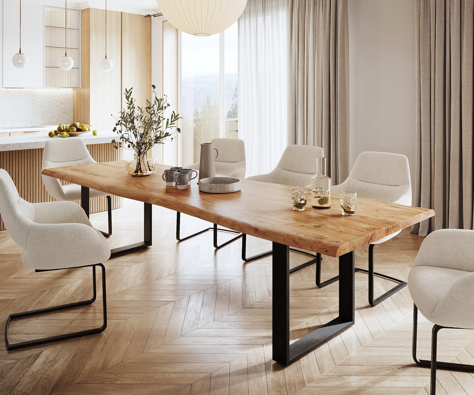 Dining Table Olympus Live Edge Acacia Wood Natural Square Frame Slim Black 140-300cm
