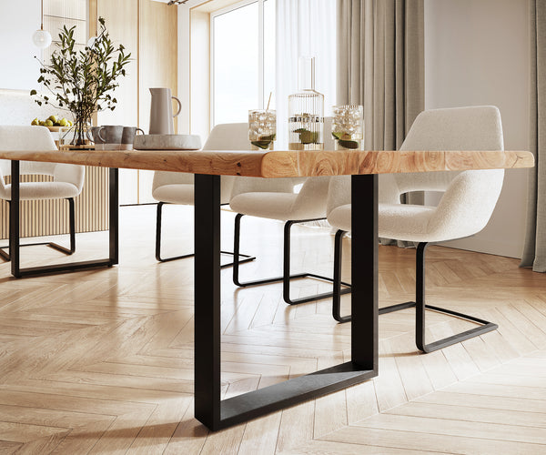 Dining Table Olympus Live Edge 300cm Acacia Wood Natural Square Frame Slim Black 55mm Top