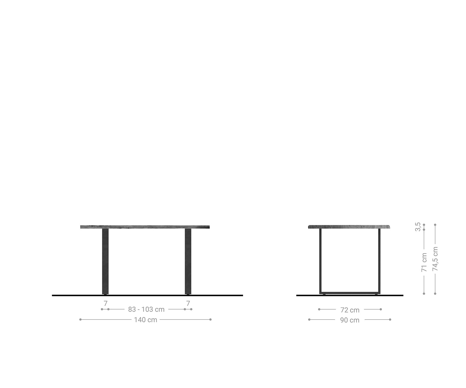 Dining Table Olympus Live Edge 140cm Acacia Wood Natural Square Frame Slim Black 35mm Top