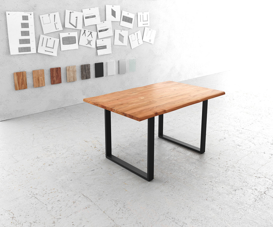 Dining Table Olympus Live Edge 140cm Acacia Wood Natural Square Frame Slim Black 35mm Top