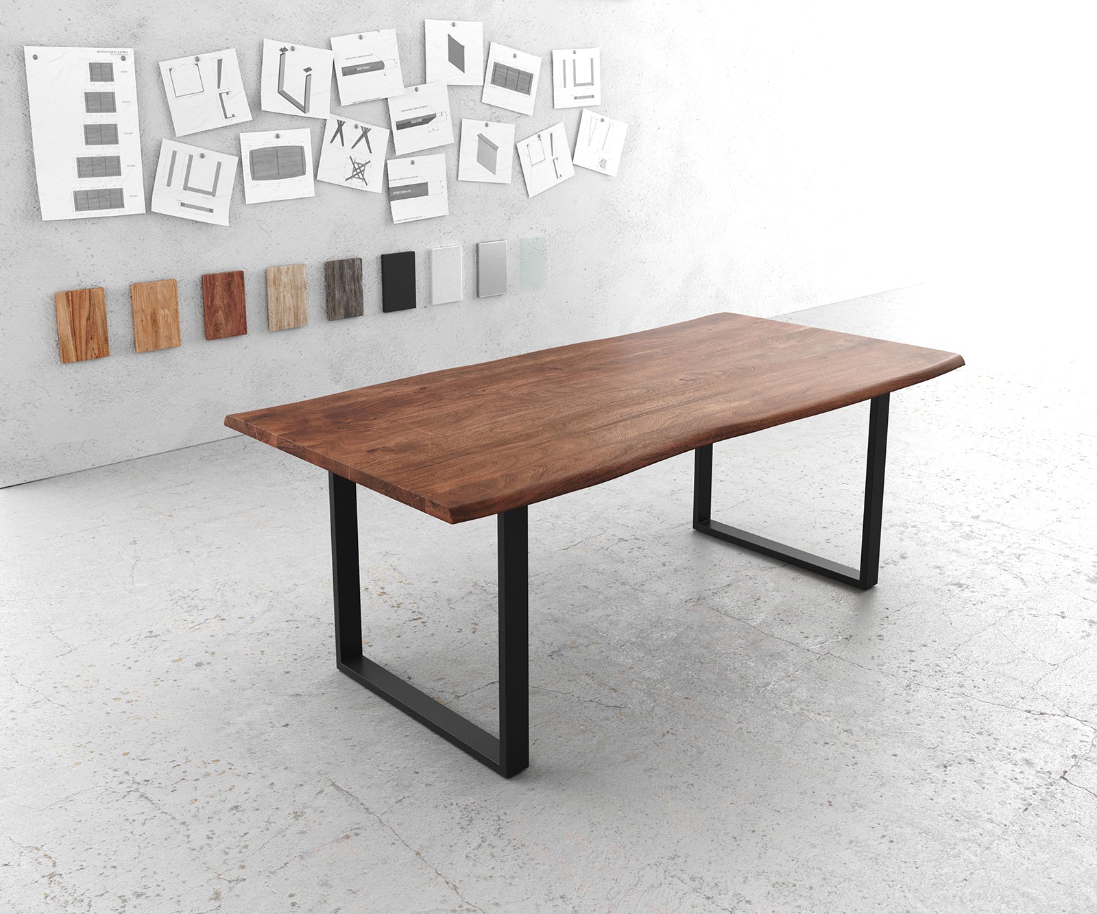 Dining Table Olympus Live-Edge 200x100cm Acacia Wood Brown Square Frame Slim Black